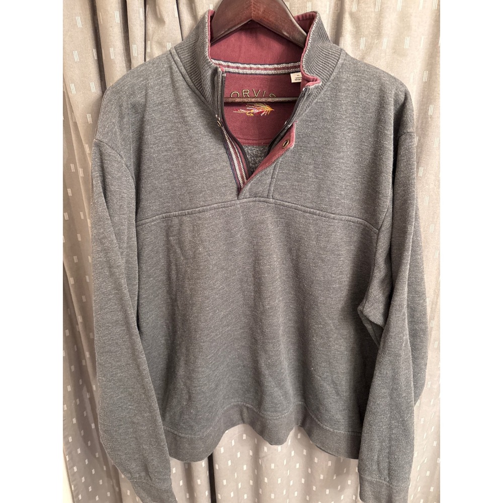 Orvis Mens XL Gray Quarter Zip Fleece Pullover Sweatshirt Fishing Fly Logo